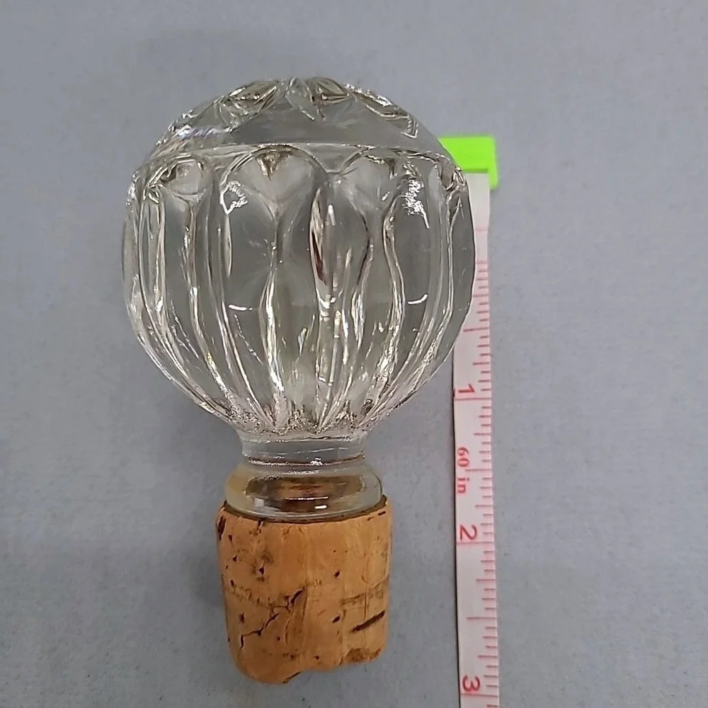 Vintage Glass Bottle Stopper Clear Ribbed Round Replacement Cork Top 3 Inch